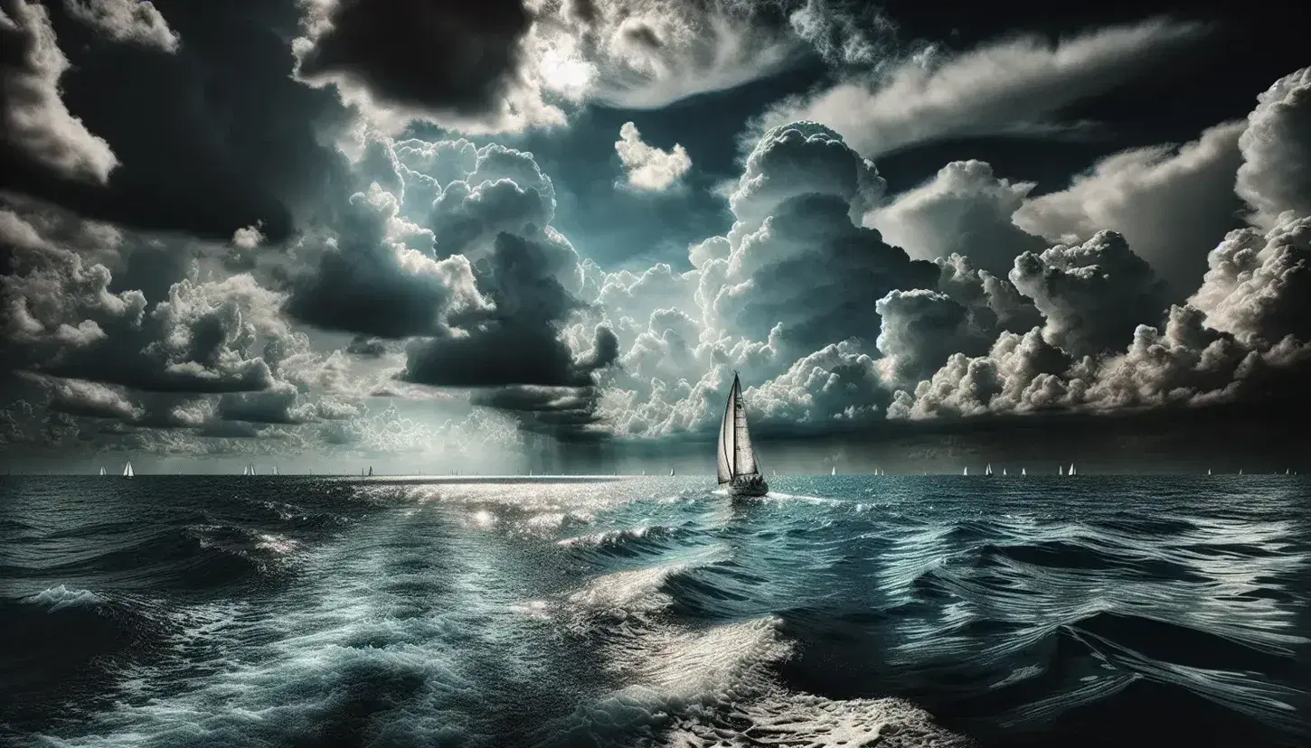 Vista marina con cielo nuvoloso, riflessi argentati sul mare, barca a vela solitaria e parte di bussola nautica nell'angolo.