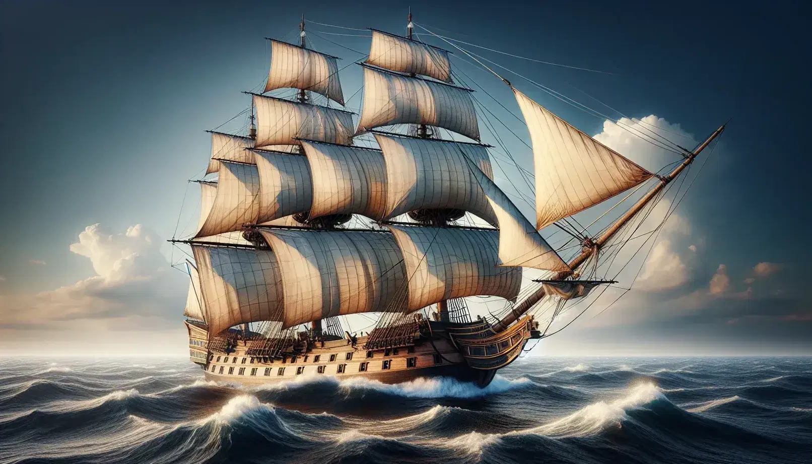 Colonial-era sailing ship with sails unfurled glides on deep blue sea under clear sky, masts towering, rigging intricate, wake frothy, sun glistening on water.