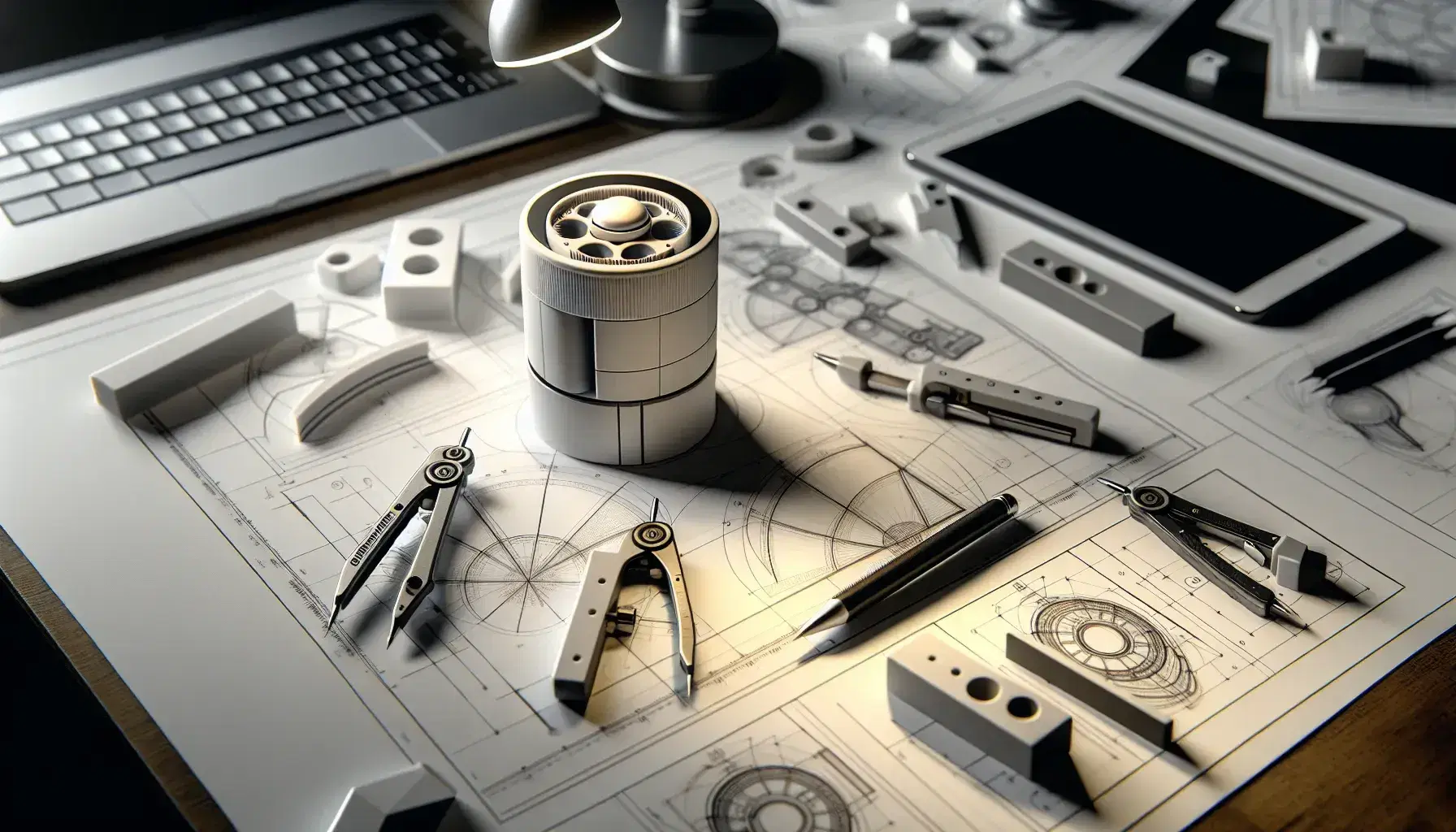 Mesa de trabajo de diseño industrial con modelo 3D de producto, bocetos técnicos, regla metálica, compás y lápiz mecánico, en un entorno de desarrollo creativo.