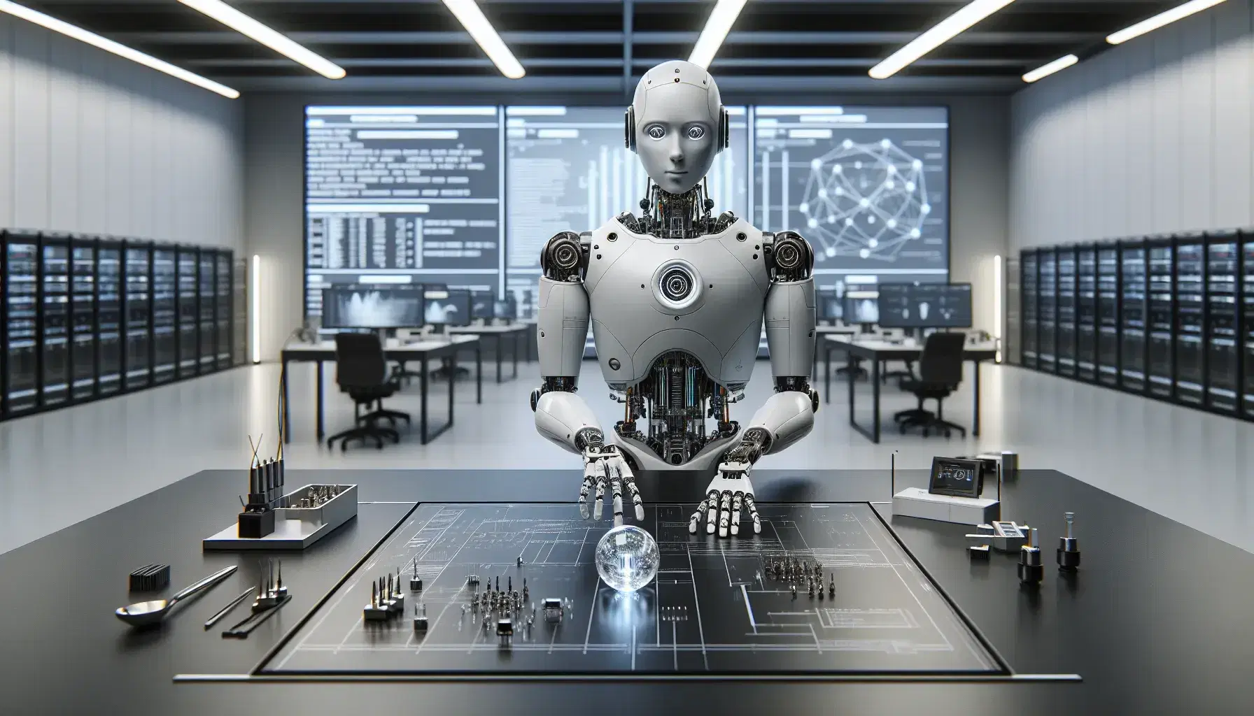 Robot umanoide in laboratorio di ricerca tecnologica manipola sfera trasparente su tavolo con strumenti elettronici, sfondo con schermi e grafici sfocati.