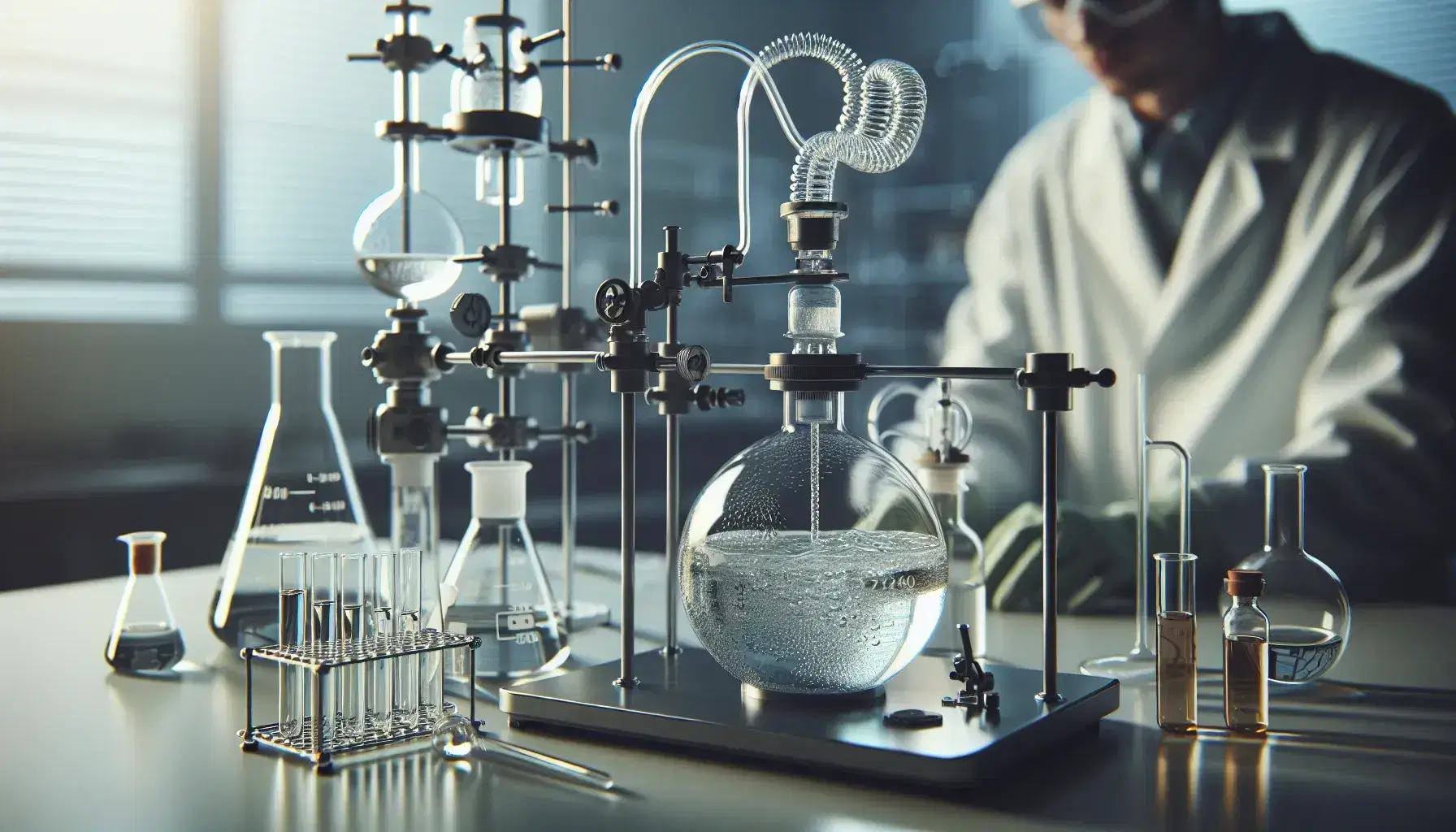 Laboratory with distillation equipment, flasks with colored liquids, technician pouring substances and green plant on the bench.