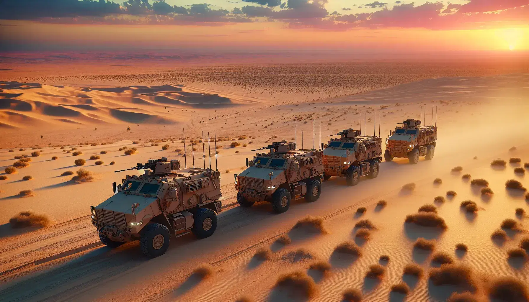 Desert dusk scene with a military convoy of three camouflaged armored vehicles moving towards a sunset horizon, under a gradient sky.