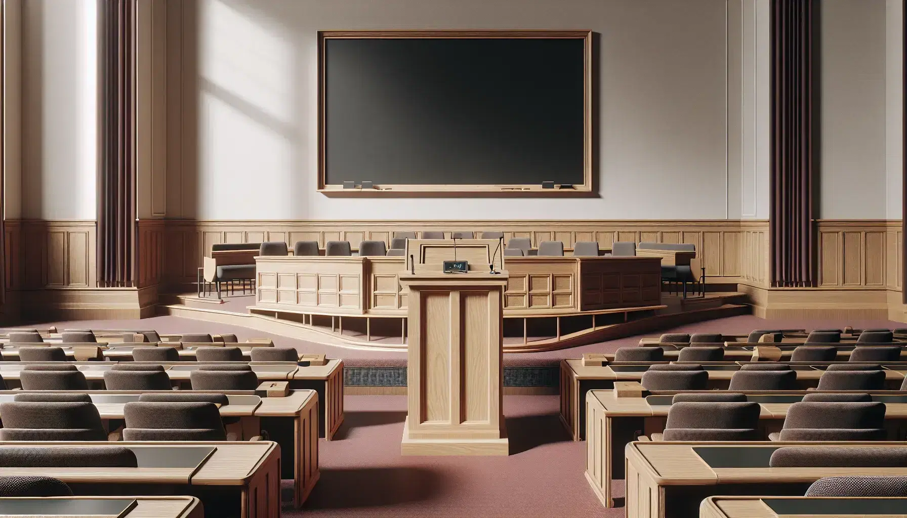 University classroom with wooden podium, empty black board, semicircular desks with green padded seats and window that filters natural light.
