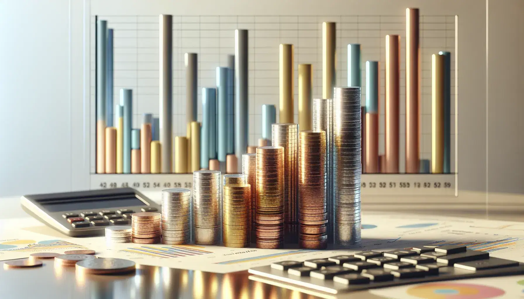 Monedas apiladas en torres ascendentes con gráfico de barras transparente y calculadora apagada en fondo, reflejando conceptos financieros.