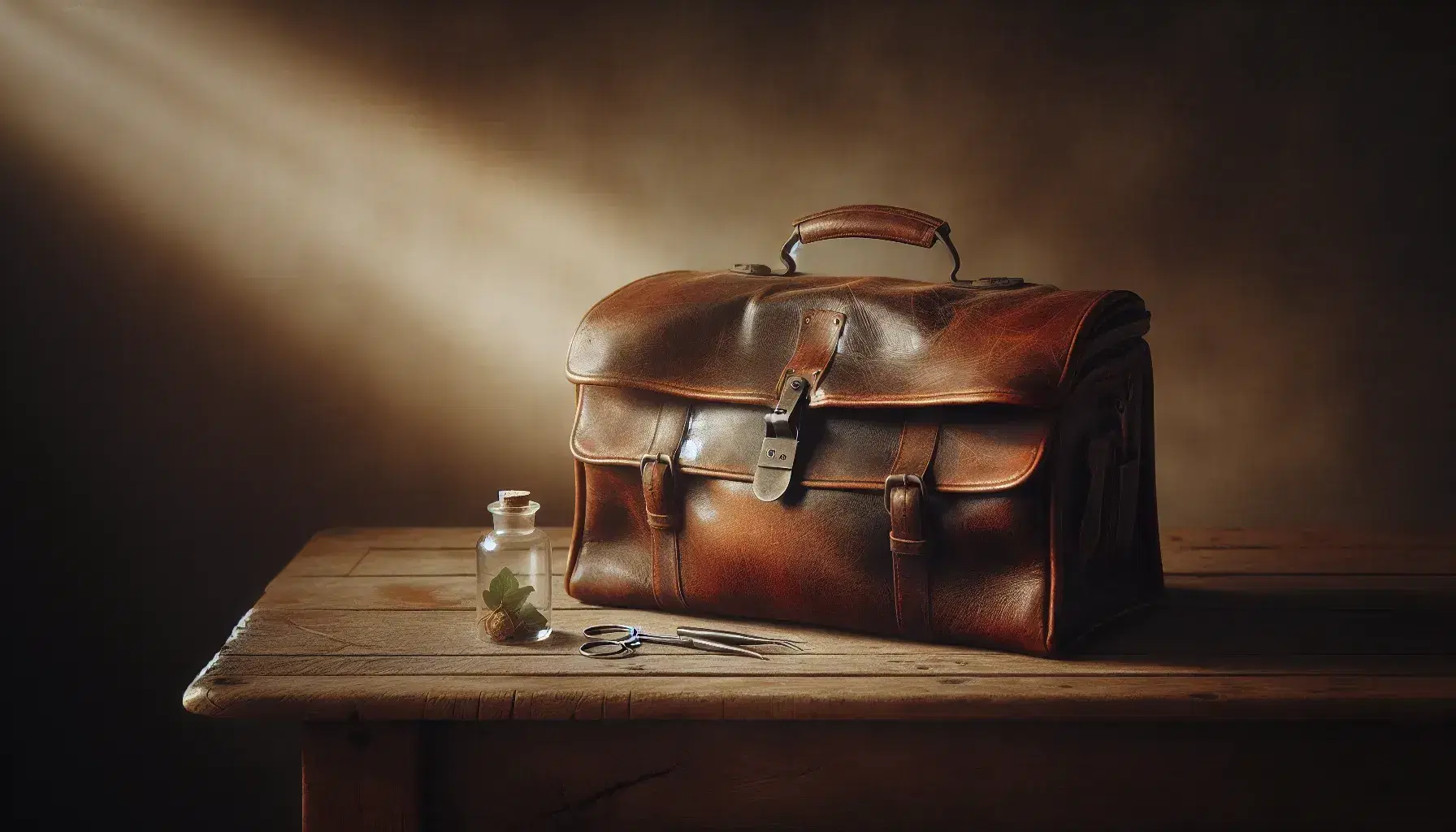 Vintage leather doctor's bag open to reveal medical instruments on a worn wooden table beside a glass vial with a dried plant.