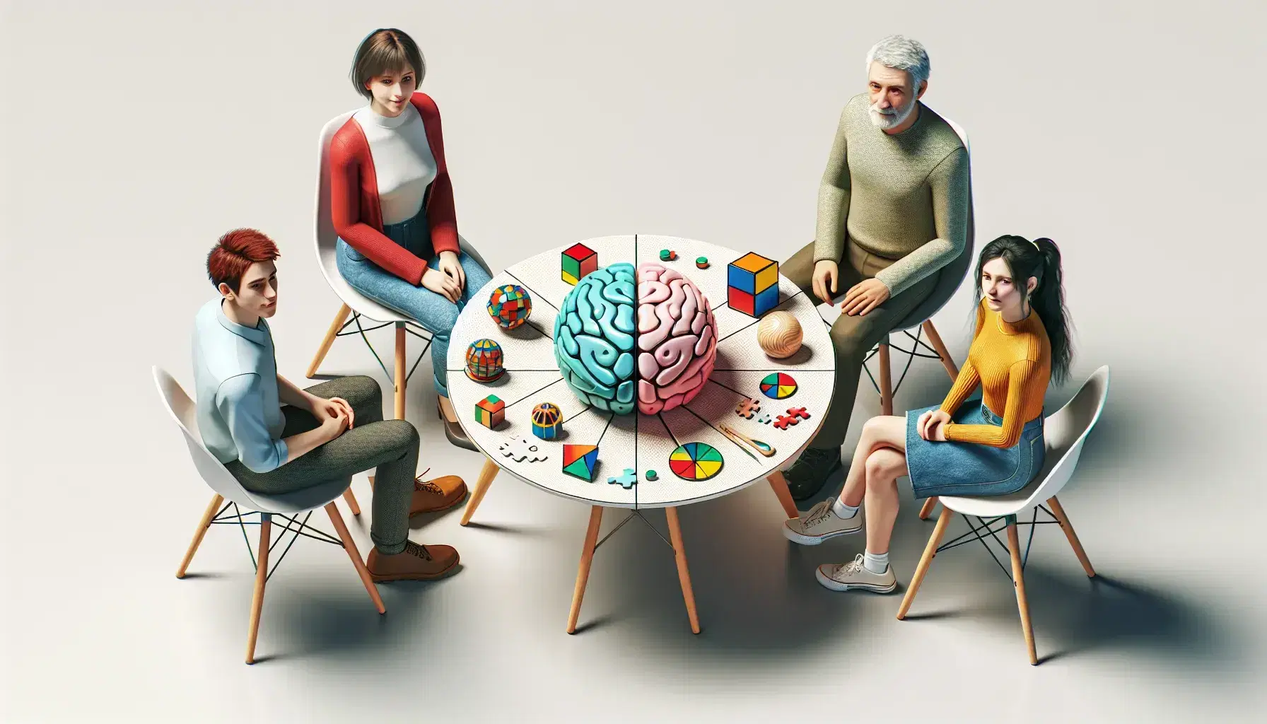Quattro persone di diverse età collaborano intorno a un tavolo con un modello di cervello e vari puzzle, esprimendo concentrazione.