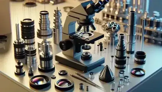 Mesa de laboratorio con microscopio compuesto, espectrómetro de fibra óptica y sensor de luz tipo fotodiodo, rodeados de lentes ópticas y prismas de vidrio.