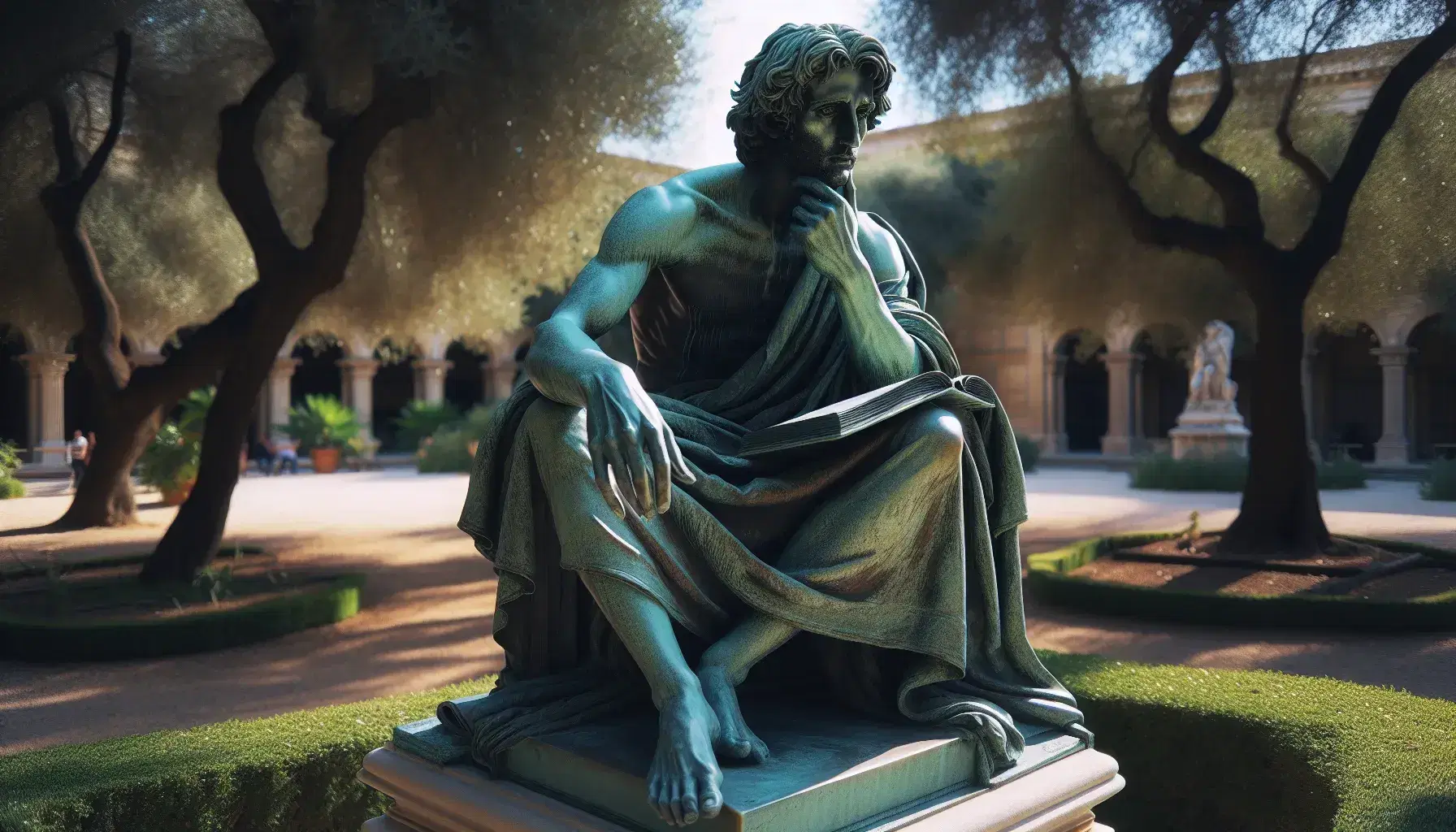 Estatua de bronce de hombre pensativo sentado con túnica y libro en un jardín soleado, reflejando serenidad y contemplación.