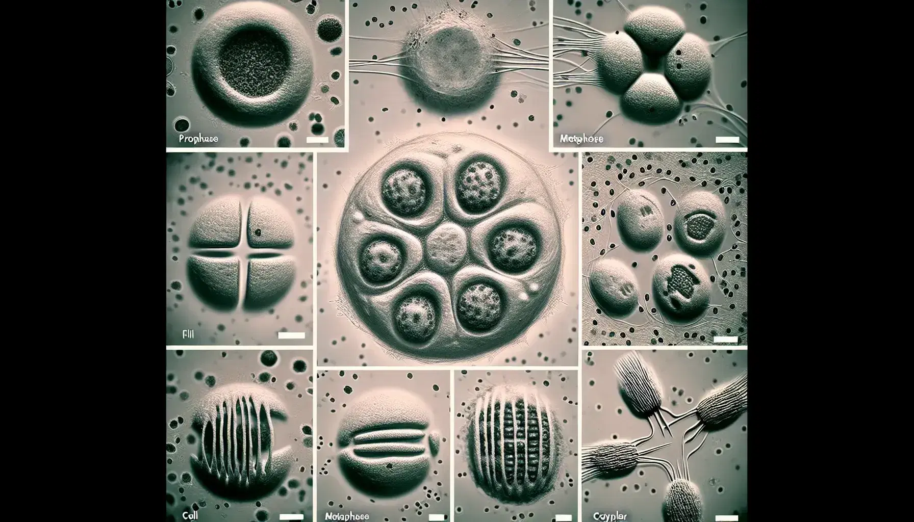 Células bajo microscopio óptico mostrando etapas de mitosis: prophase, metaphase, anaphase y inicio de citocinesis, con tinción violeta y azul.