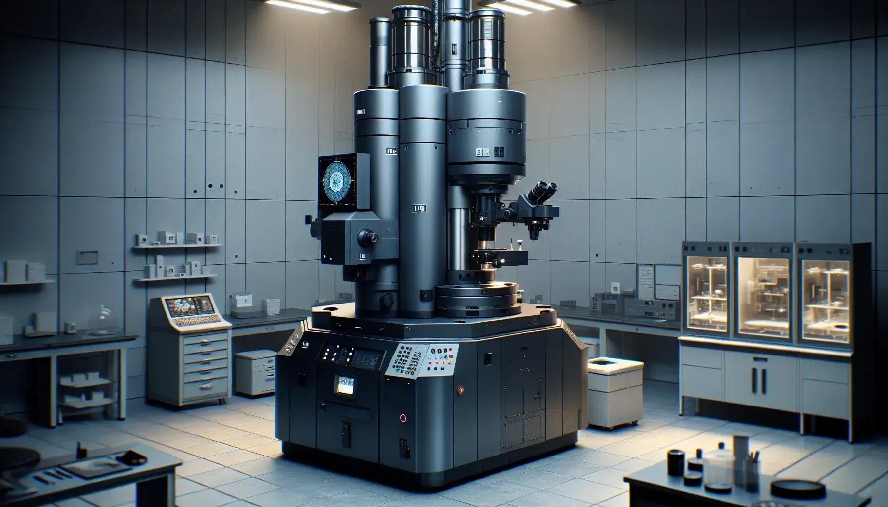 Microscopio elettronico a trasmissione grigio scuro in laboratorio con tavolo da lavoro e strumenti, illuminazione soffusa, nessuna presenza umana.