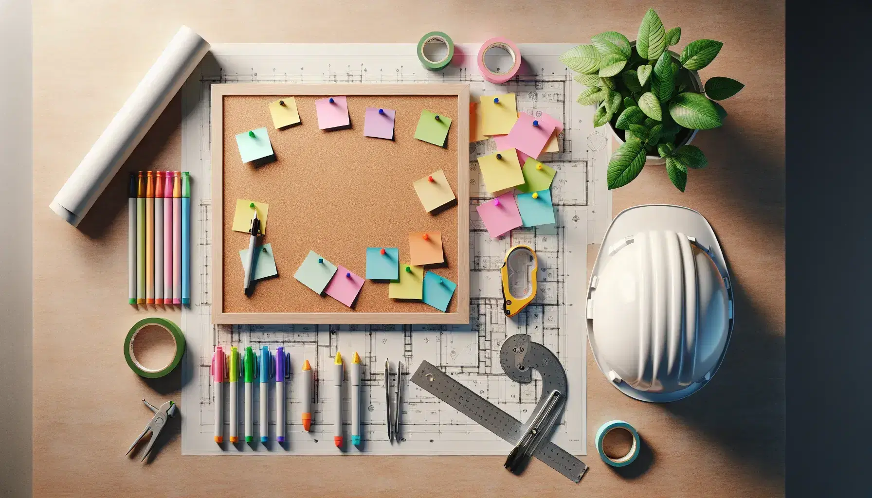 Mesa de trabajo con elementos de planificación de proyectos incluyendo un corcho con notas adhesivas coloridas, casco de seguridad, regla metálica, compás de precisión, planos arquitectónicos y planta en maceta.