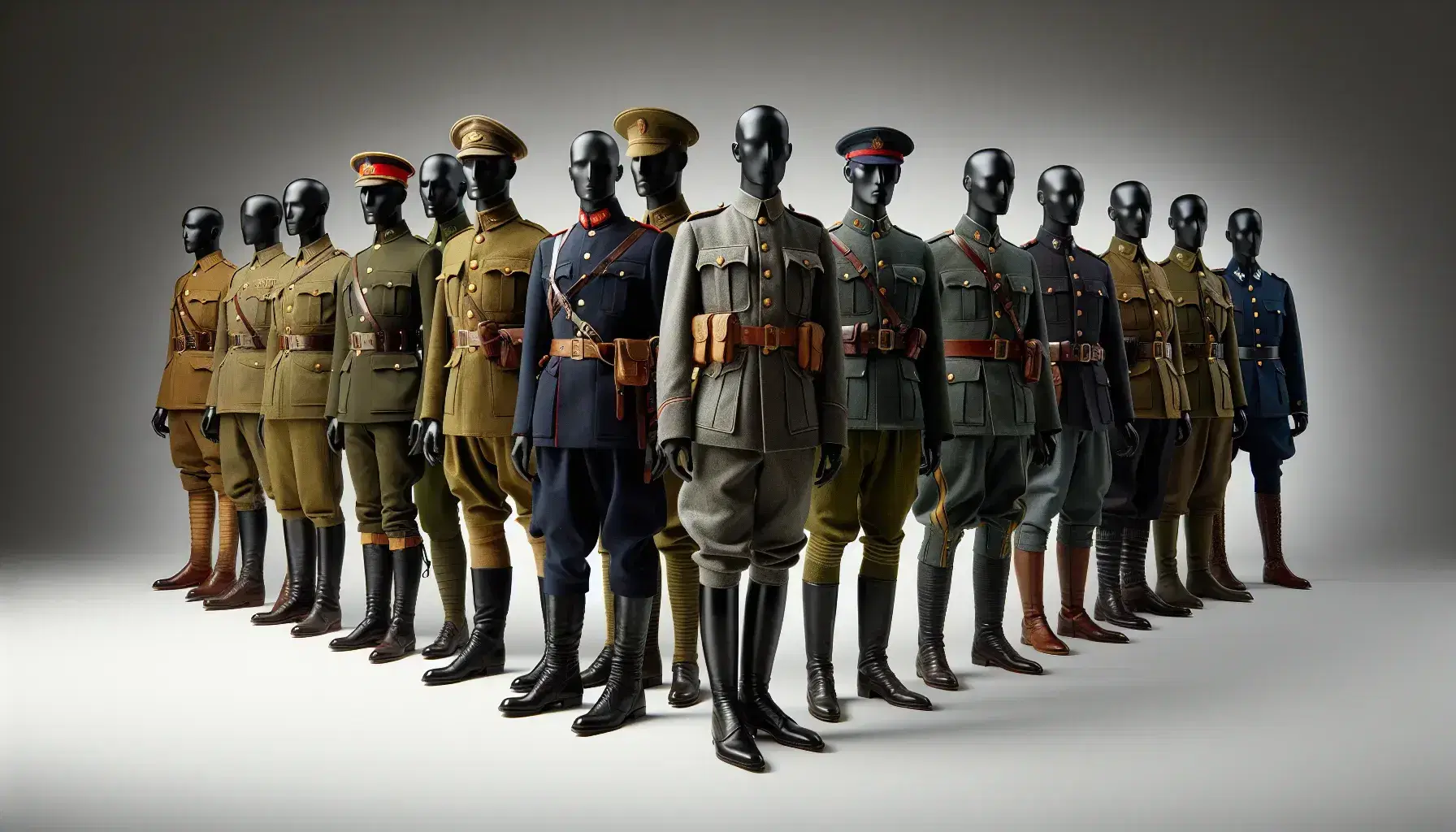 Uniformes militares de la Primera Guerra Mundial en maniquíes sin cabeza, mostrando variedad en estilos y colores, con detalles como botones dorados y adornos rojos.