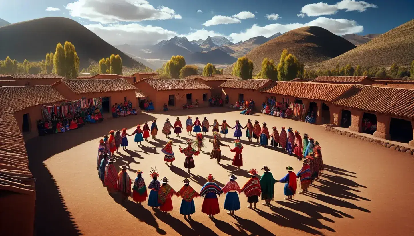 Escena tradicional andina con personas en trajes coloridos alrededor de dos figuras centrales en una plaza, con edificios de adobe y montañas nevadas al fondo.