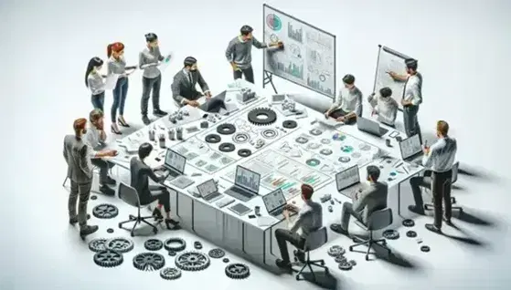 Gruppo di cinque ingegneri e programmatori collaborano attorno a un tavolo con laptop, modelli meccanici e lavagna sfocata.
