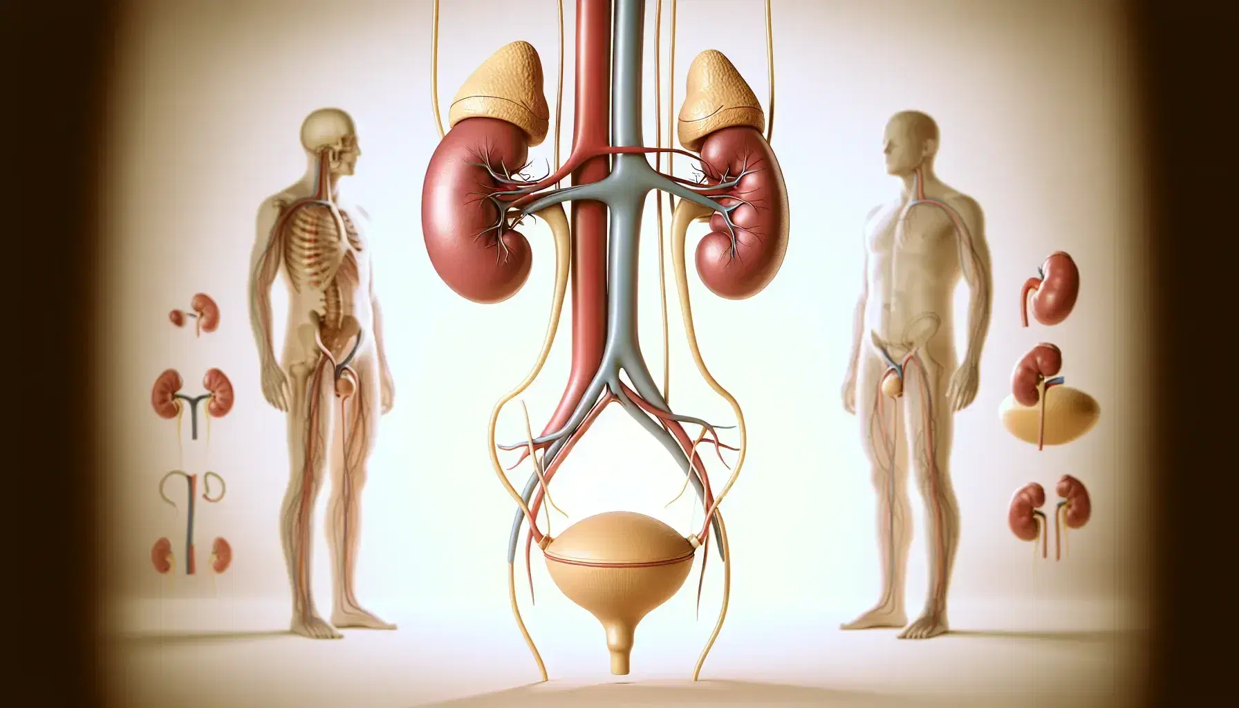 Modello anatomico dettagliato del sistema urinario umano con reni, ureteri, vescica e uretra, affiancato da figure umane stilizzate.