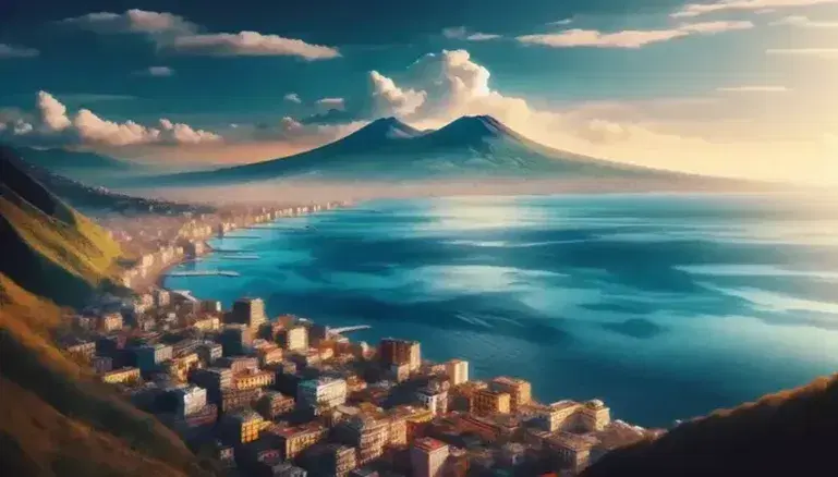 Vista panoramica del Golfo di Napoli con il Vesuvio sullo sfondo, mare calmo e città di Napoli a destra.