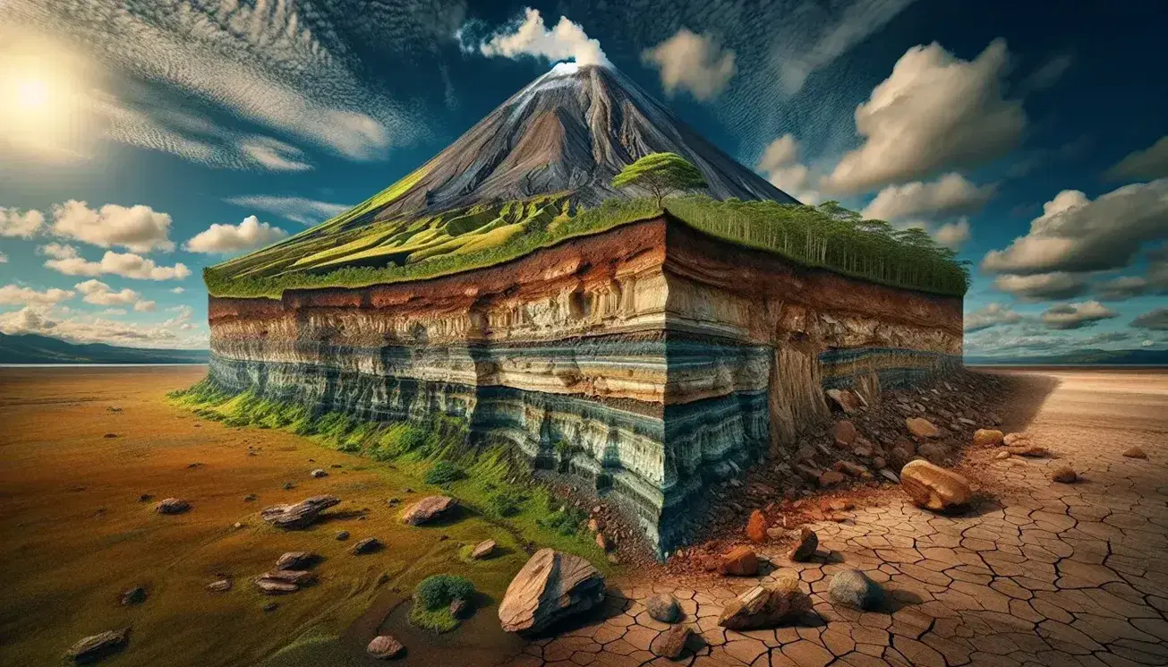 Paesaggio geologico con vulcano fumante, vegetazione lussureggiante, cielo azzurro con nuvole, formazioni rocciose stratificate e terreno fratturato.