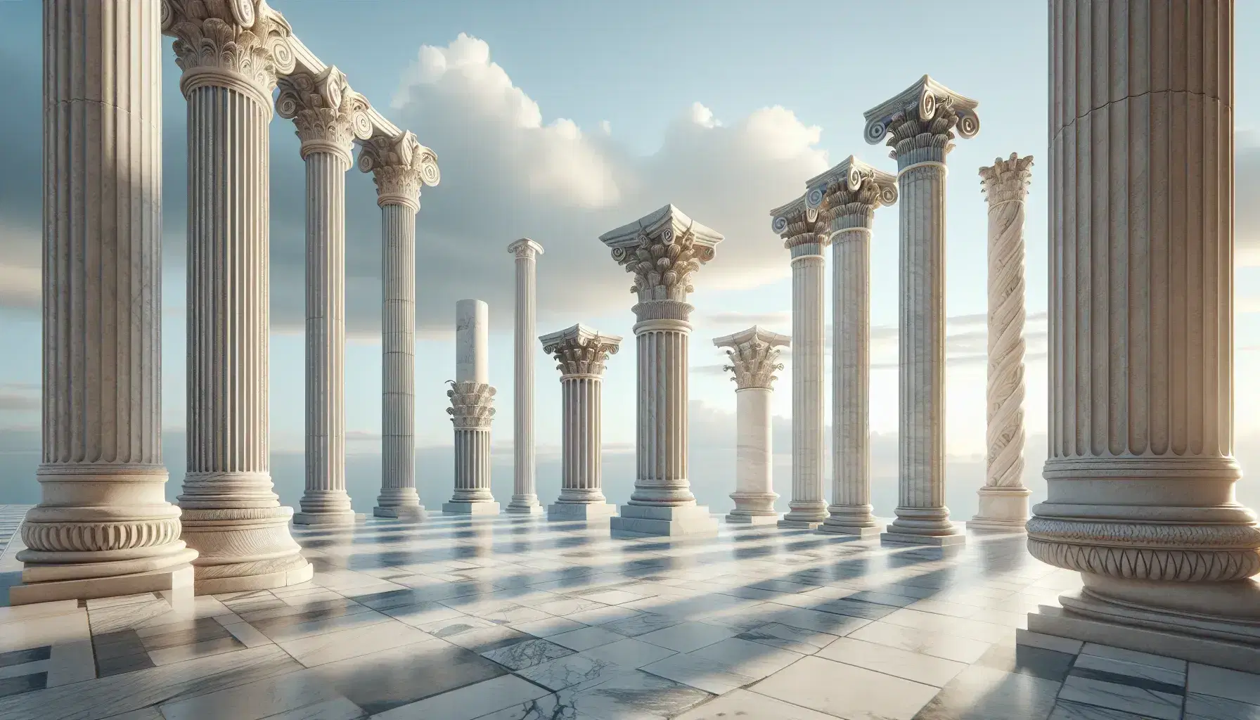 Colonne antiche Dorica, Ionica e Corinzia in successione su pavimento di marmo, sotto cielo azzurro con luci e ombre.