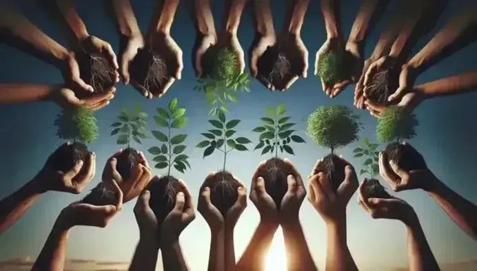 Diverse hands holding young tree saplings with roots in soil against a gradient blue sky, symbolizing unity in reforestation efforts.