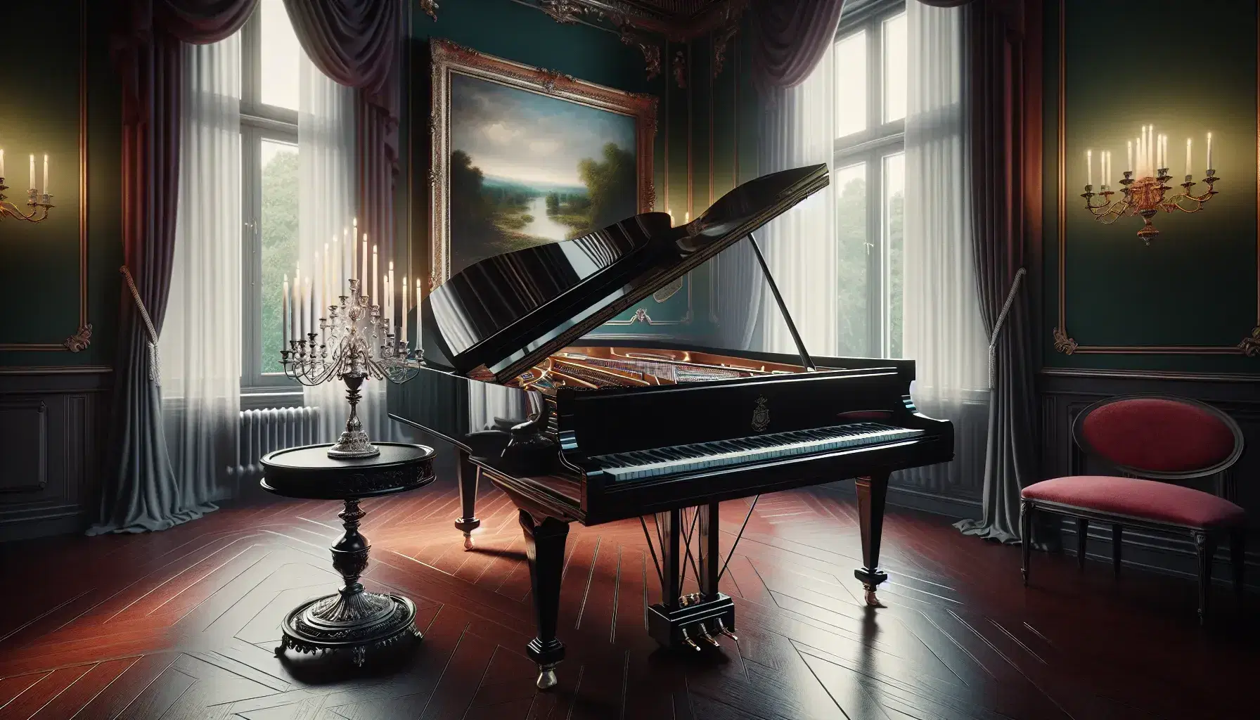 Pianoforte a coda nero lucido in sala d'epoca con candelabro d'argento, tende rosse e quadri di paesaggi sulle pareti.