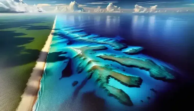 Vista aerea di una catena montuosa sottomarina nell'oceano con isole verdi, spiaggia deserta e acque turchesi che sfumano in blu profondo.