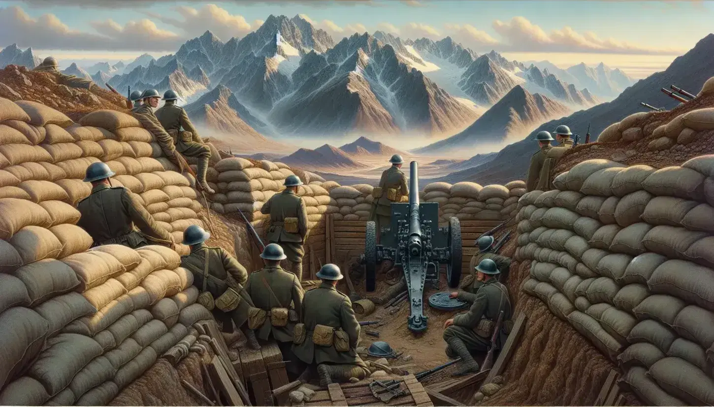 Paesaggio montano della Prima Guerra Mondiale con trincee, soldati in uniforme e cannone pronto al fuoco sotto cielo azzurro.