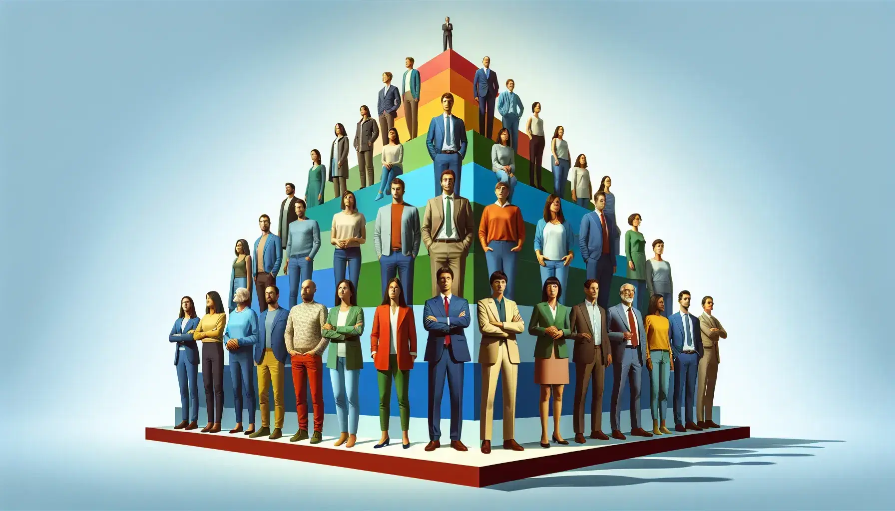 Diverse group of people arranged in a pyramid hierarchy, with the top individual in a suit, against a light blue gradient background.