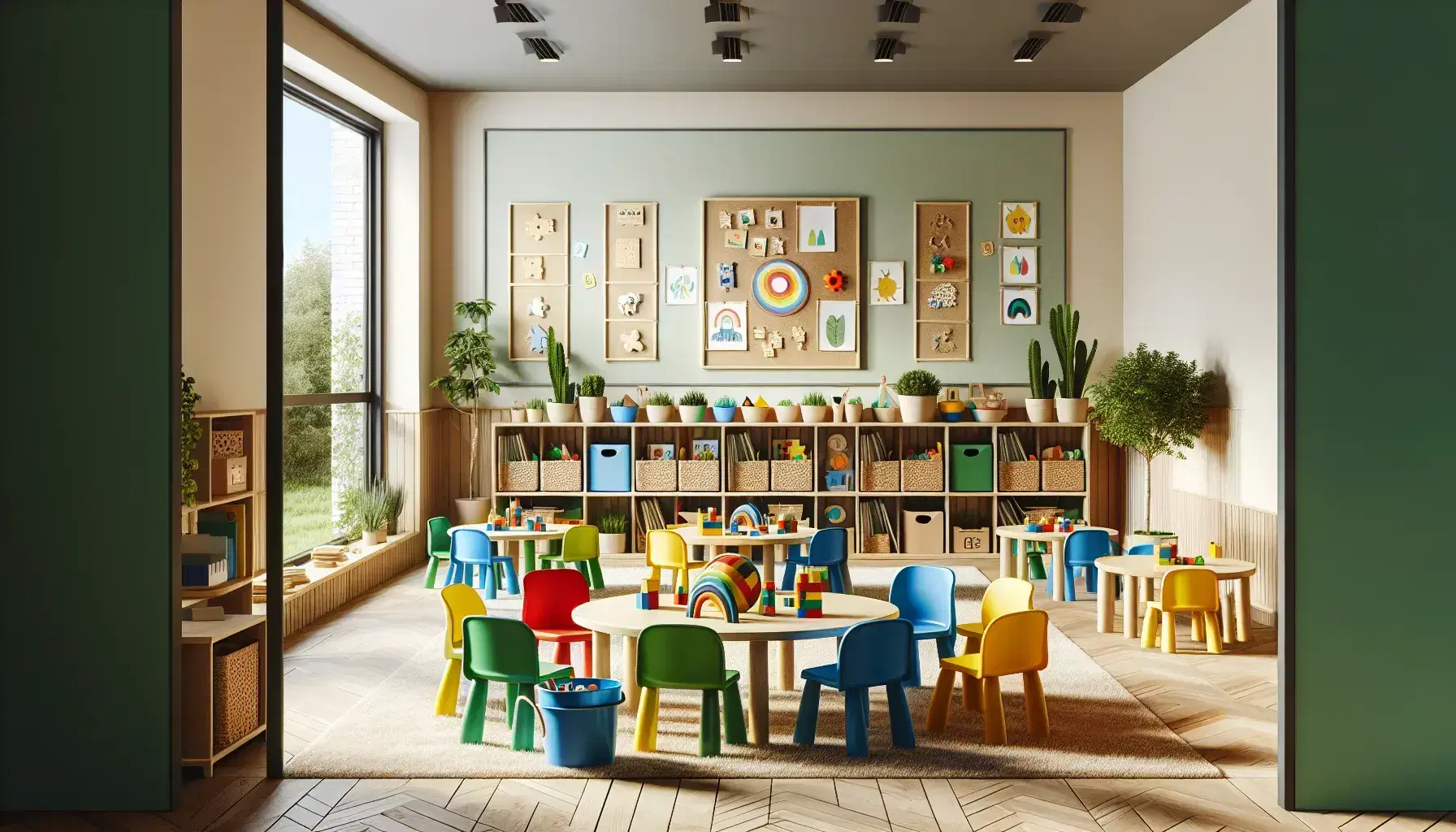 Aula luminosa con mesas redondas, sillas de colores, materiales educativos, estantería de madera, ventana con vista al jardín y niños jugando en alfombra con juegos de formas.