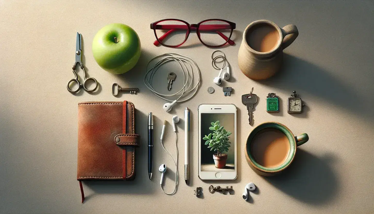 Assorted personal items on light background including red-framed glasses, blank leather journal with key, green apple, blue mug with coffee, potted plant, white earphones, and photo frame.