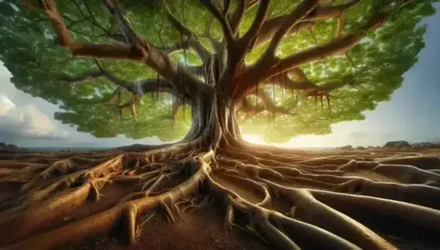 Árbol frondoso con raíces expuestas y tronco grueso bajo un cielo azul claro, hojas verdes intensas formando una densa copa y juego de luces y sombras.