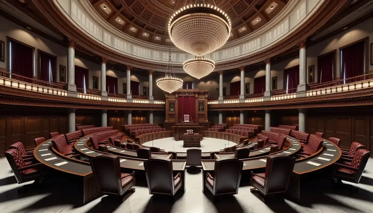 Vista interior de cámara legislativa vacía con bancadas semicirculares, asientos de madera y cuero rojo, silla elevada con dosel y candelabros de cristal.