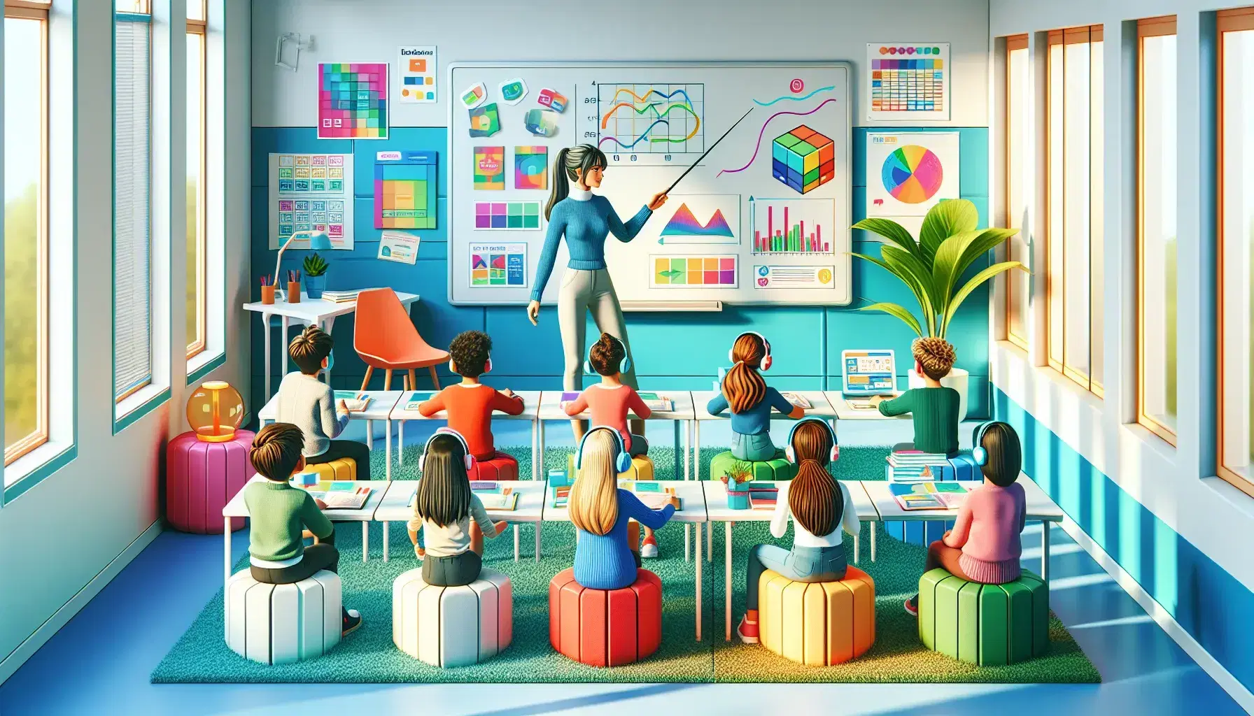 Aula scolastica colorata con insegnante femminile accanto a lavagna e studenti su sedie ergonomiche, alcuni con dispositivi tecnologici.