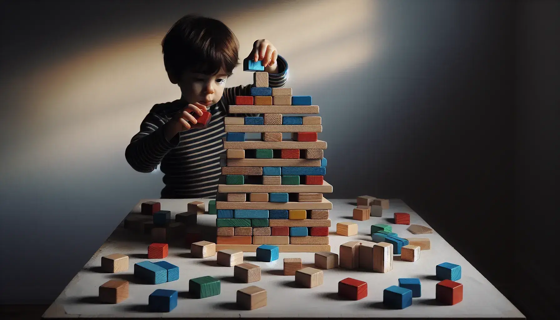 Niño concentrado colocando un bloque azul en la cima de una torre de bloques de madera coloridos y naturales, con piezas dispersas alrededor sobre una superficie clara.