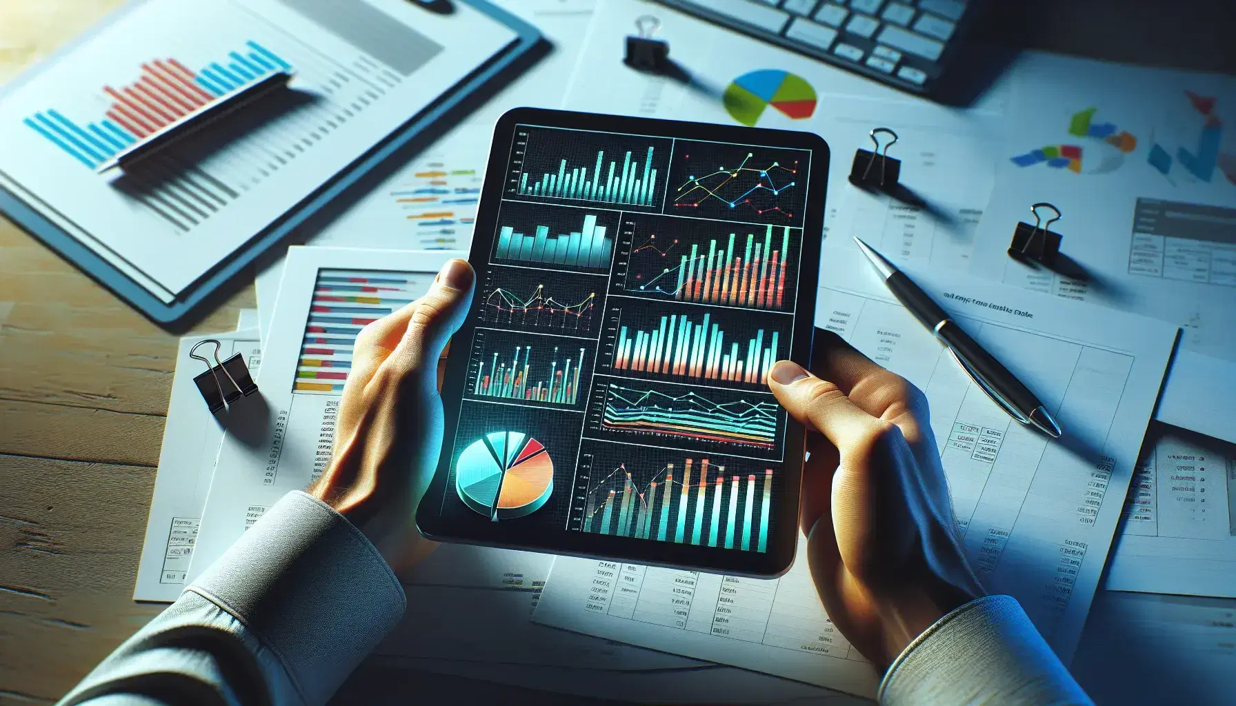 Hands holding a tablet displaying colorful data charts with a clipboard, pen, and questionnaires in the blurred background.