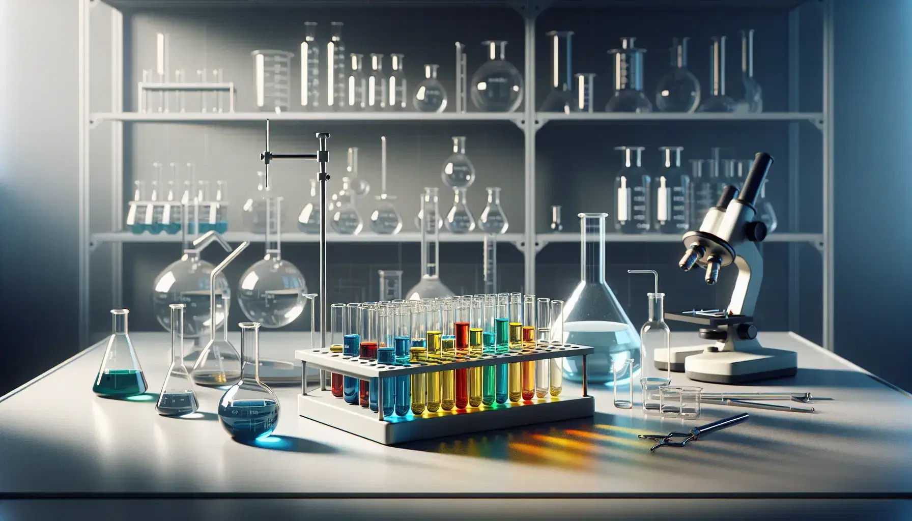 Laboratorio de química con tubos de ensayo de colores en soporte metálico, matraz Erlenmeyer y mechero Bunsen encendido, junto a microscopio y estantería con utensilios.