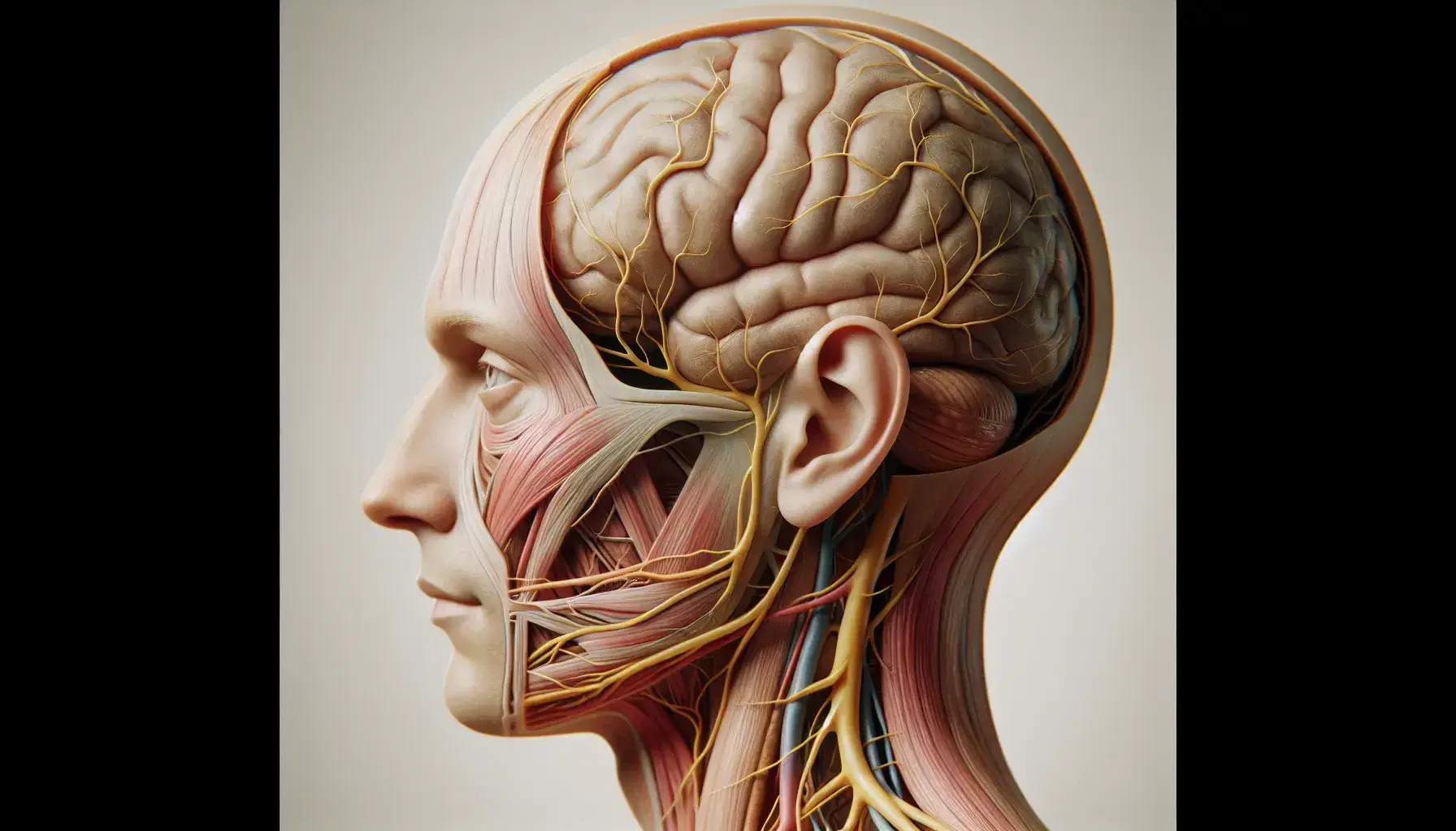 Modelo anatómico detallado de cabeza humana con sección transversal mostrando nervios craneales y cerebro, sobre fondo claro.