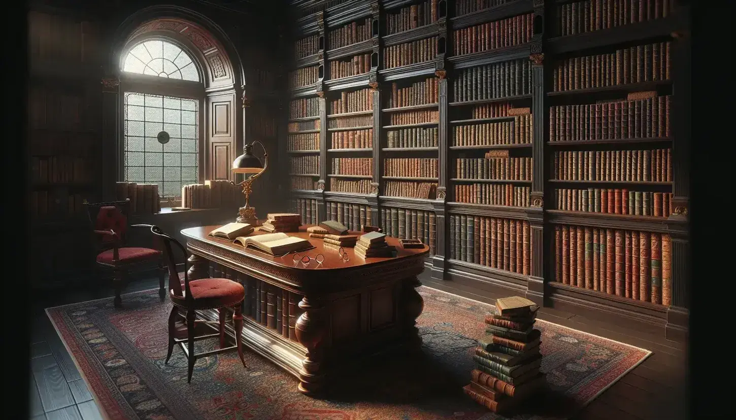 Biblioteca clásica con estanterías de madera oscura llenas de libros encuadernados en cuero, mesa central con libros abiertos, silla con cojín rojo y alfombra persa.