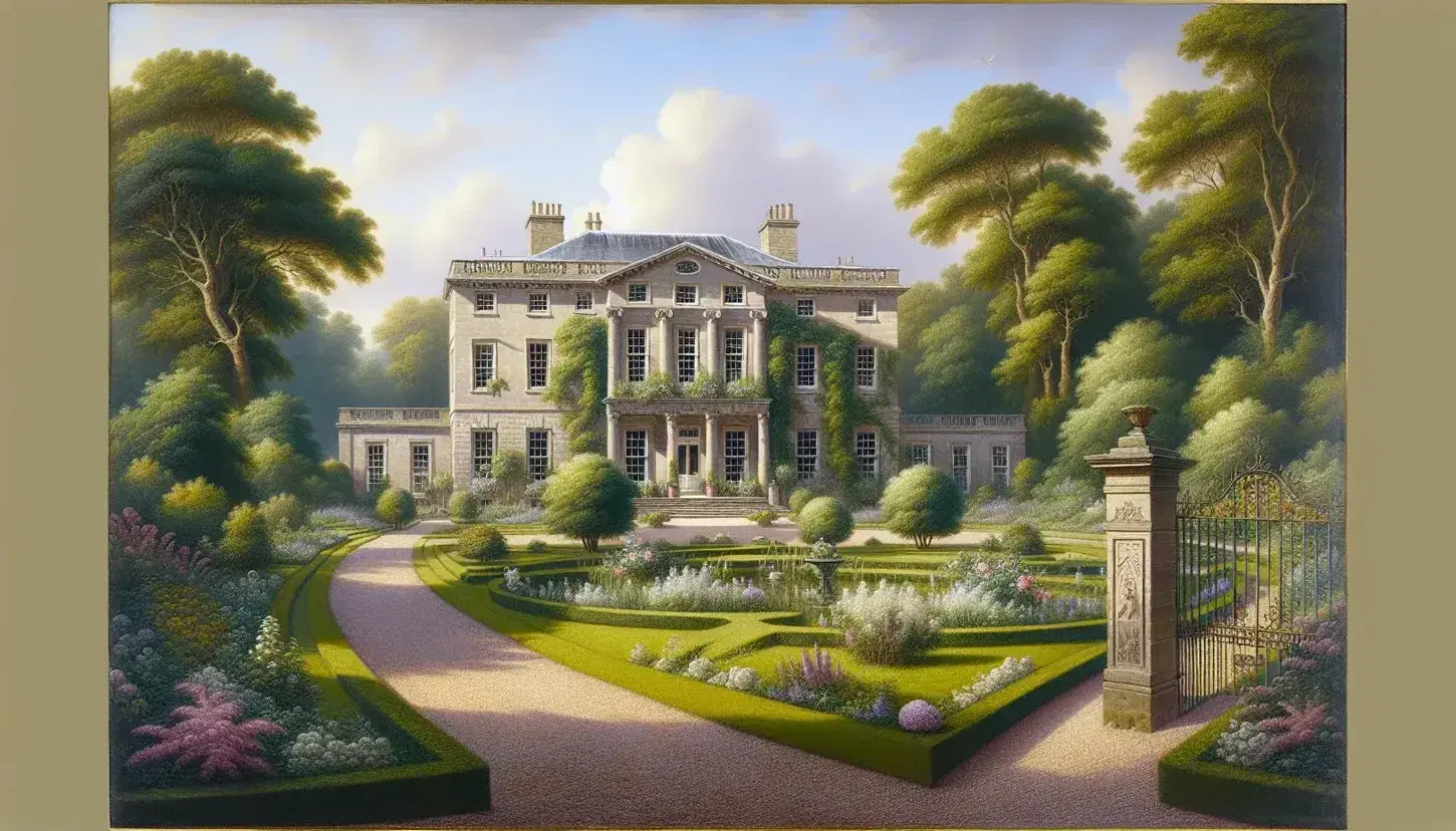 Elegant Georgian-era country estate with symmetrical architecture, white sash windows, and a columned portico, surrounded by manicured gardens and mature trees on a sunny day.