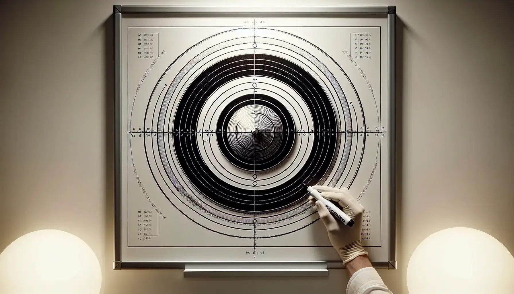 Diagrama de diana con círculos concéntricos y líneas divisorias en cuadrantes en pizarra blanca, mano con guante sostiene marcador.