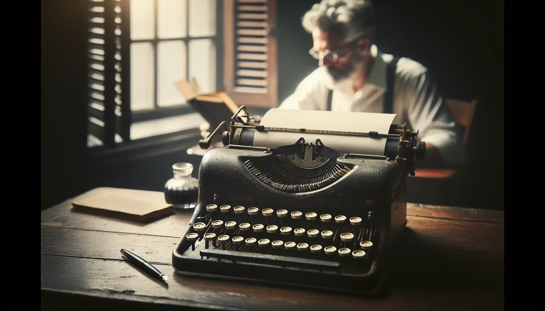 Primo piano di una macchina da scrivere vintage su scrivania in legno scuro, con uomo maturo che legge in sfondo illuminato da luce naturale.