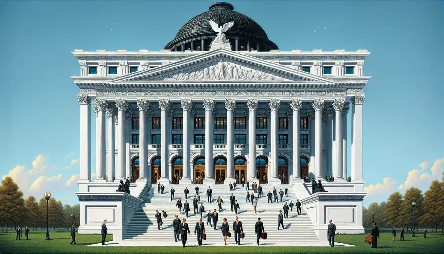 Neoclassical building with Corinthian columns and cast-iron dome, people in business attire ascending marble steps on a sunny day.