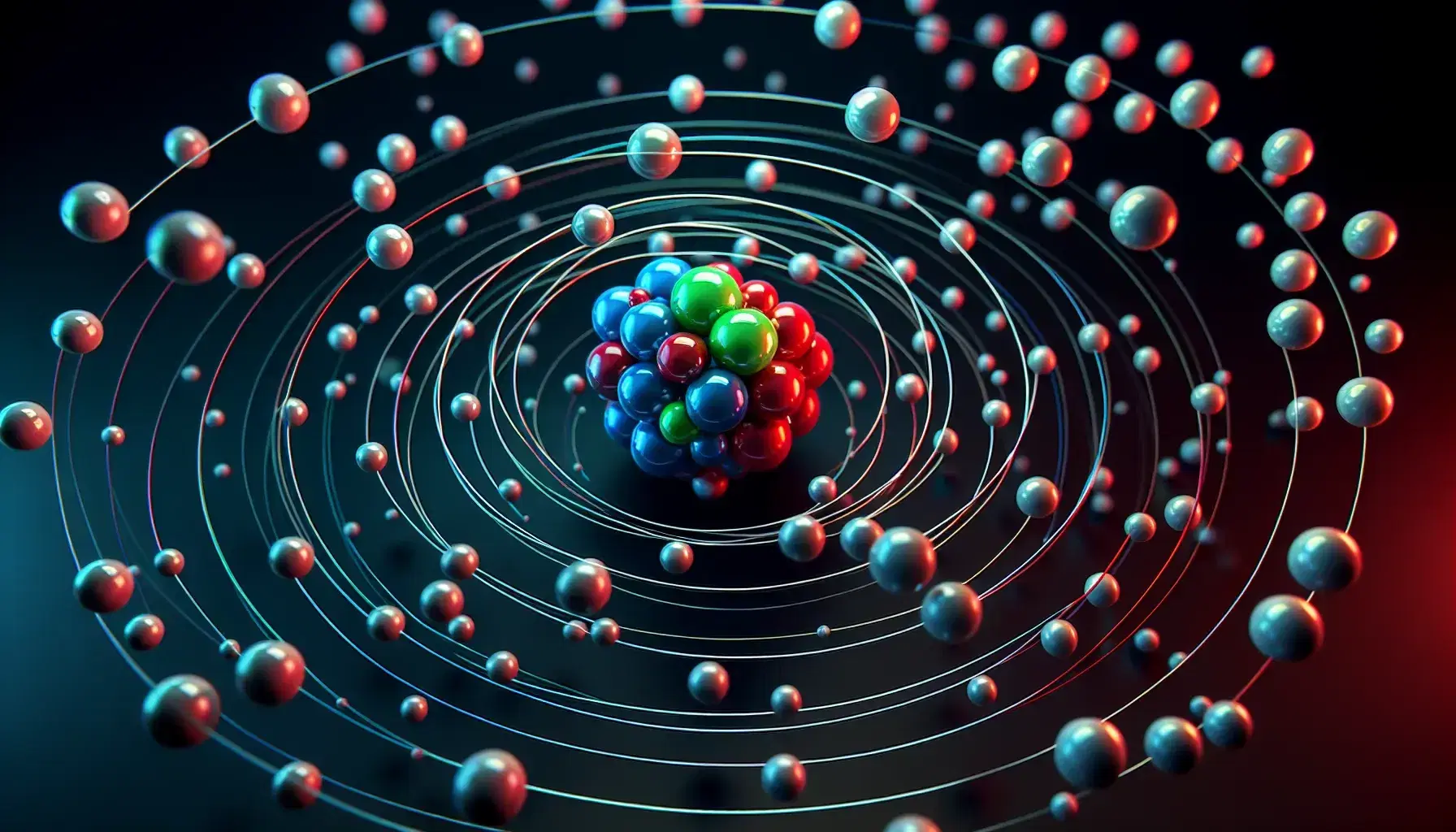 Sfere colorate rosse, blu e verdi rappresentano nuclei atomici con sfere bianche minori in orbite ellittiche su sfondo nero.