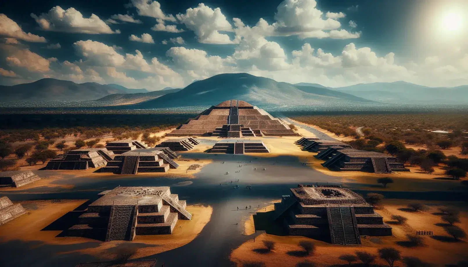 Vista panorámica de las ruinas de Teotihuacán con la Pirámide del Sol al centro y la Avenida de los Muertos, bajo un cielo azul con nubes.