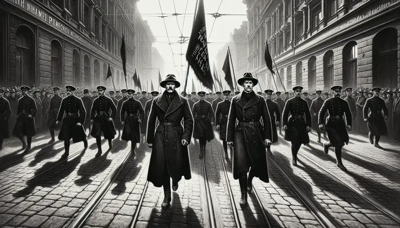 Uomini in uniforme marciando in strada storica con bandiere rettangolari, in bianco e nero, stile architettonico del primo Novecento.