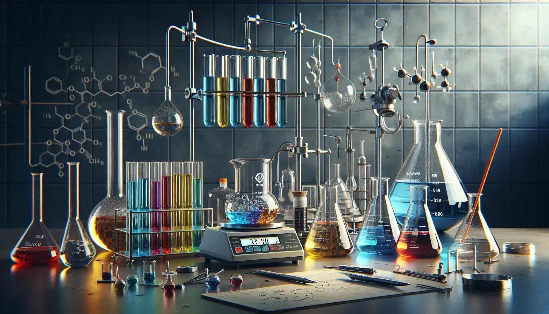 Laboratorio de química con tubos de ensayo de colores, matraces Erlenmeyer, balanza analítica y embudo de separación en un ambiente limpio y profesional.