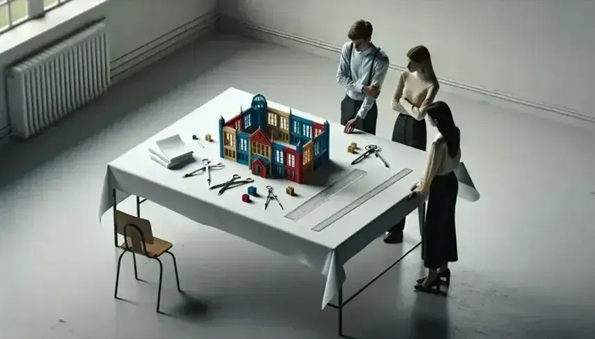 Tres profesionales discuten un proyecto de construcción escolar representado por un modelo de bloques de colores, con regla, compás y papeles sobre una mesa.