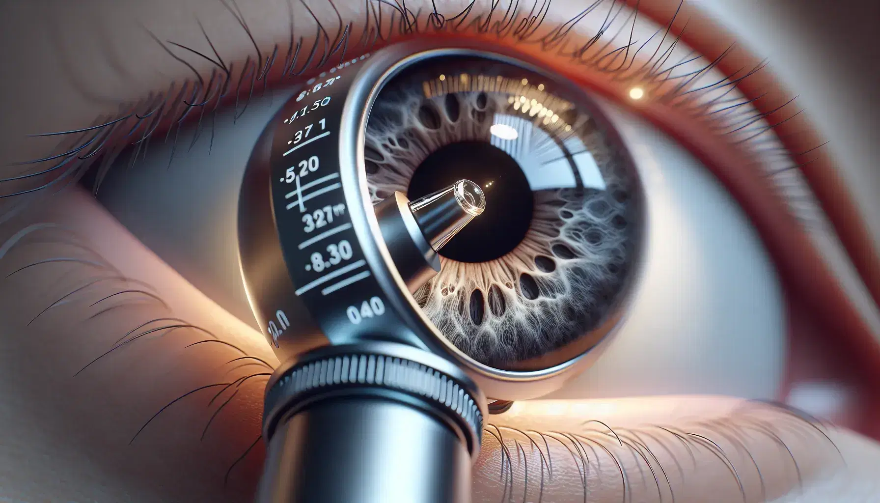 Tonómetro de aplanación Goldmann cerca de un ojo humano con iris marrón claro, utilizado para medir la presión intraocular.