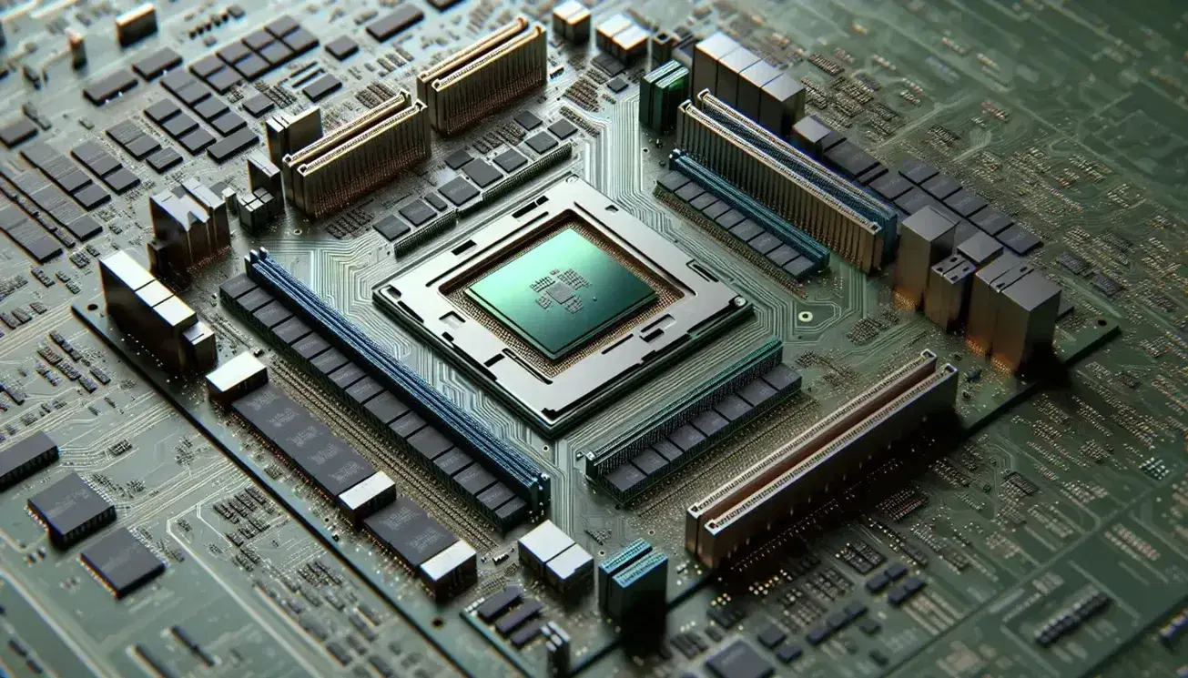 Close-up of a motherboard with silver CPU in the center, black memory modules, system bus and various electronic components on green circuit board.