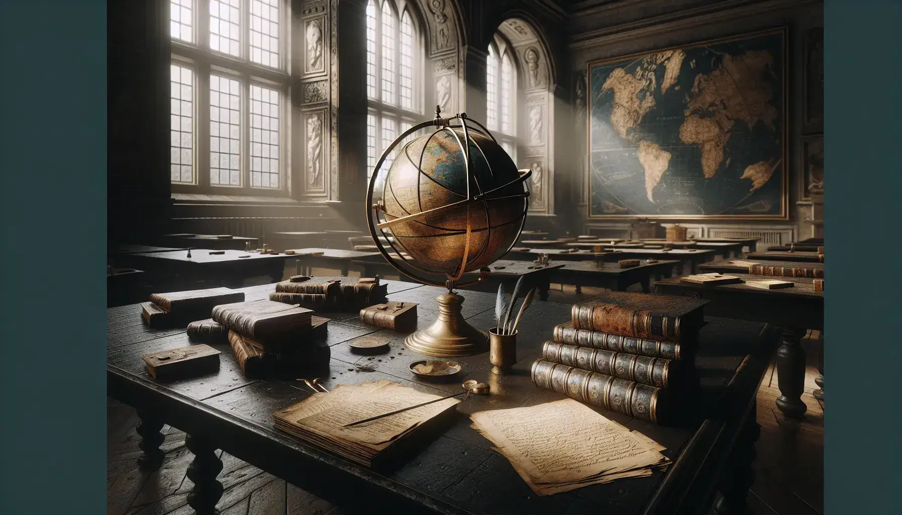 Aula d'epoca con tavolo in legno, libri antichi, sfera armillare, globo terrestre, carte manoscritte e penna d'oca, senza testi visibili.