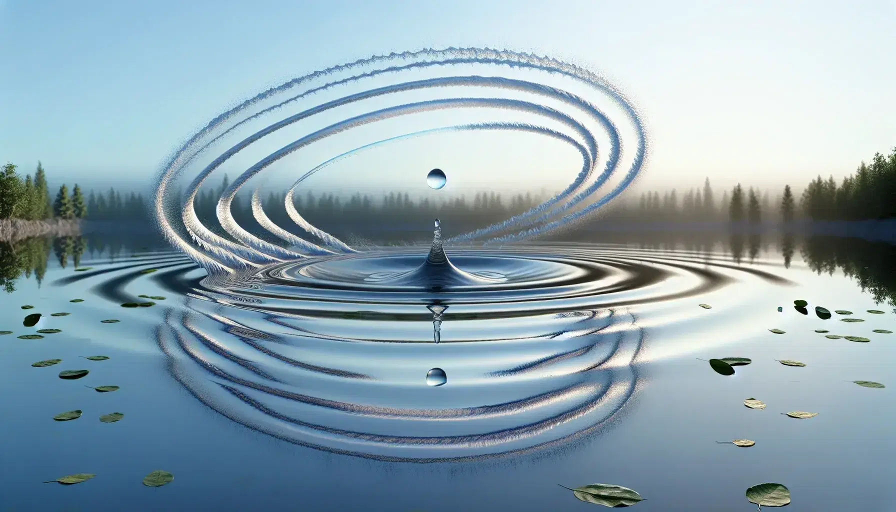 Ondas concéntricas en un estanque tranquilo con una gota de agua impactando en el centro, reflejos del sol en la superficie y hojas flotantes distorsionadas.